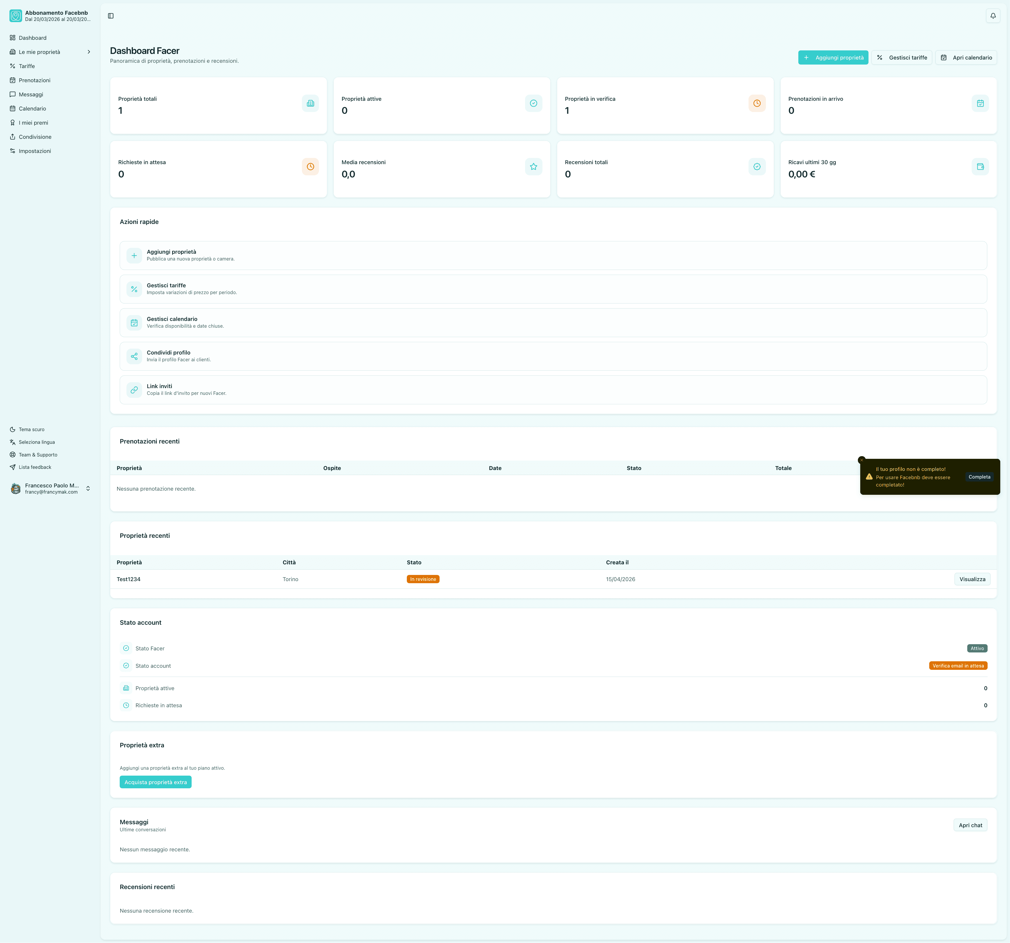 Face B&B Admin Overview screenshot